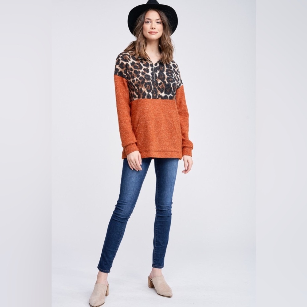 NWT White Birch Long Sleeve Cheetah Print Quarter Zip Pullover Sweater, Rust - Picture 7 of 8